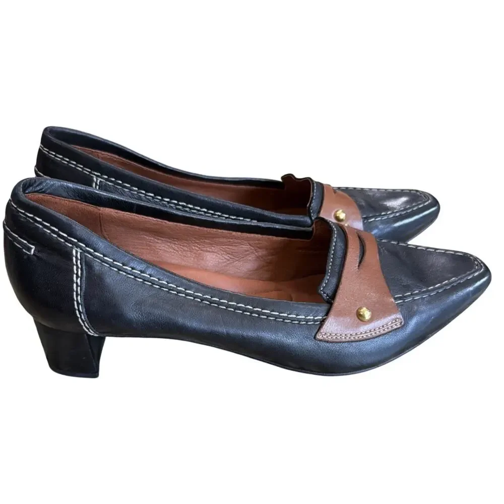 Johnston & Murphy Women's Leather Loafer Heels Black Brown Two Tone pointed 9